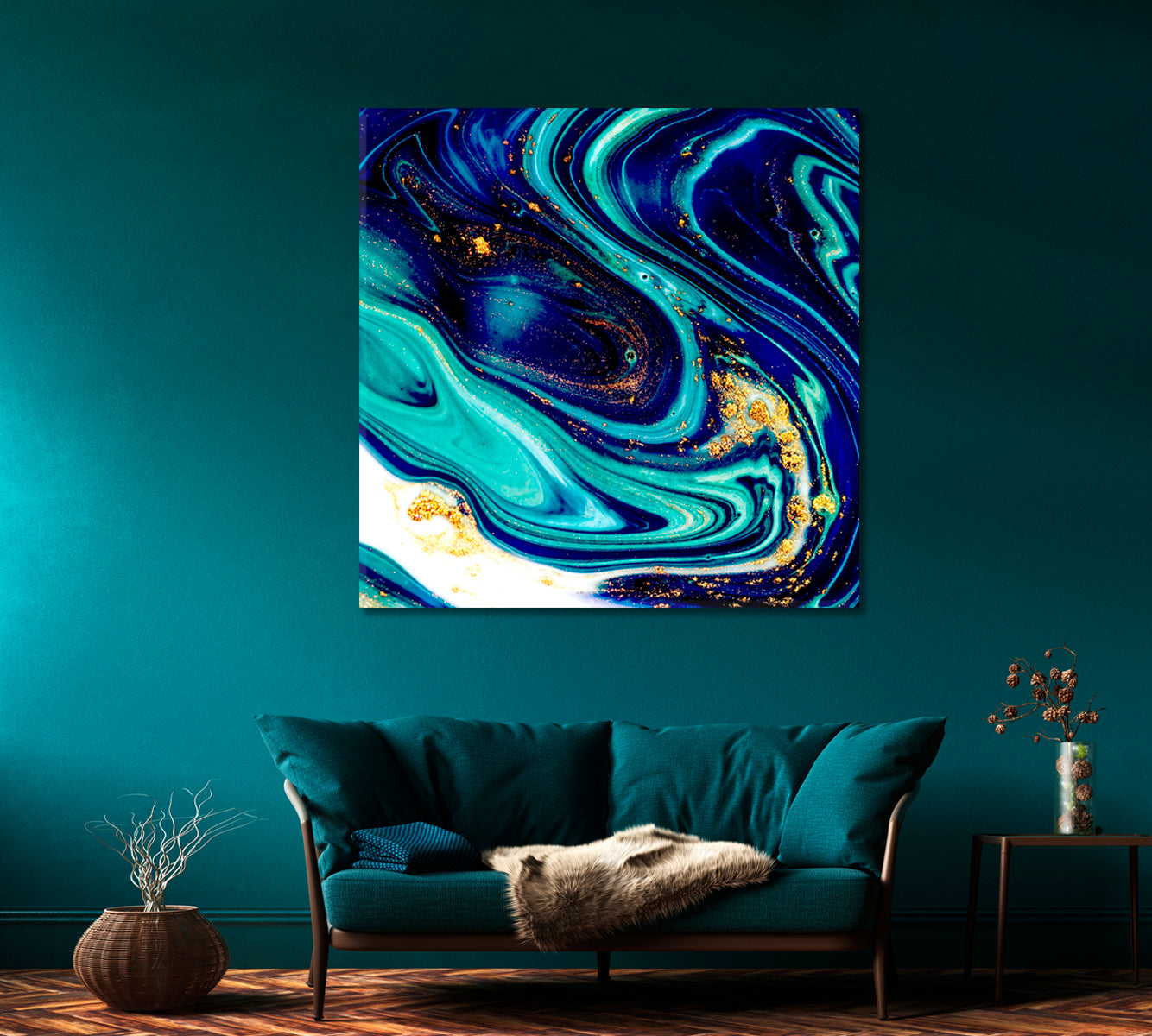 Abstract Blue Marble with Golden Powder Canvas Print-Canvas Print-CetArt-1 panel-12x12 inches-CetArt