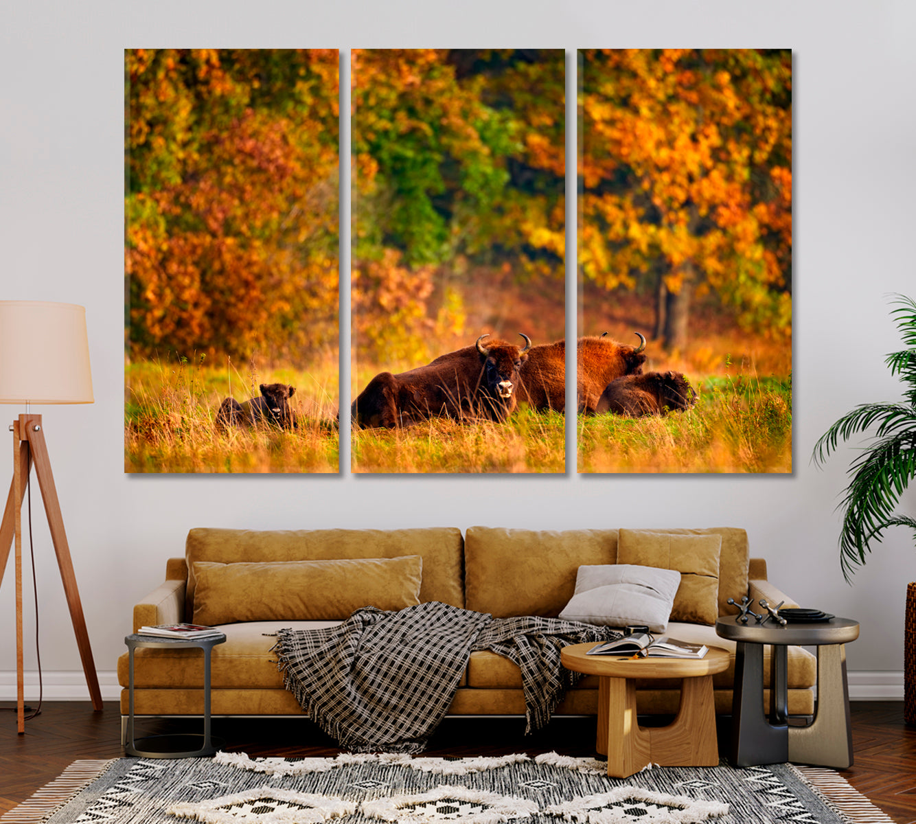 Bison Family in Autumn Forest Canvas Print-Canvas Print-CetArt-1 Panel-24x16 inches-CetArt