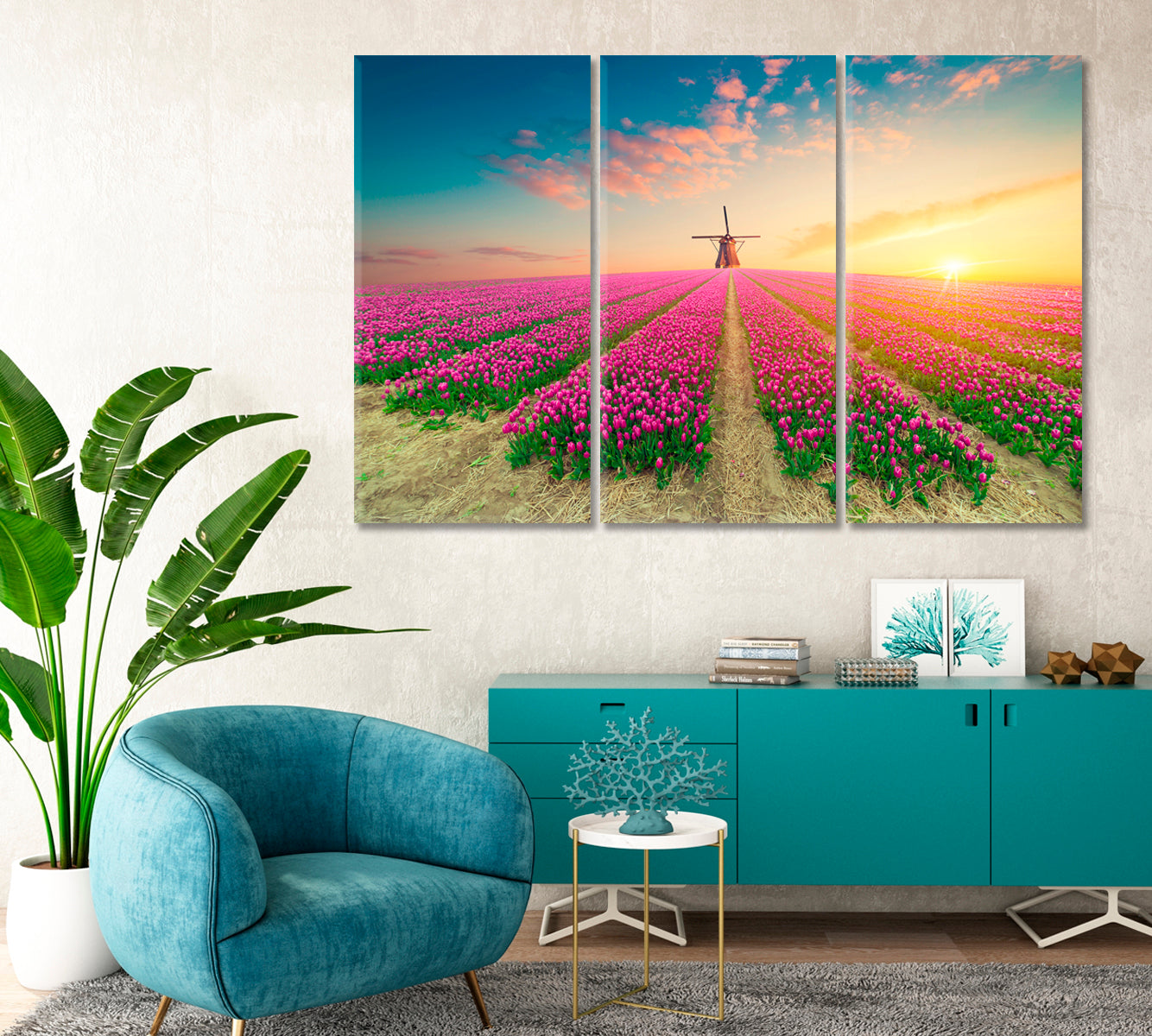 Windmill in Tulips Field Netherlands Canvas Print-Canvas Print-CetArt-1 Panel-24x16 inches-CetArt