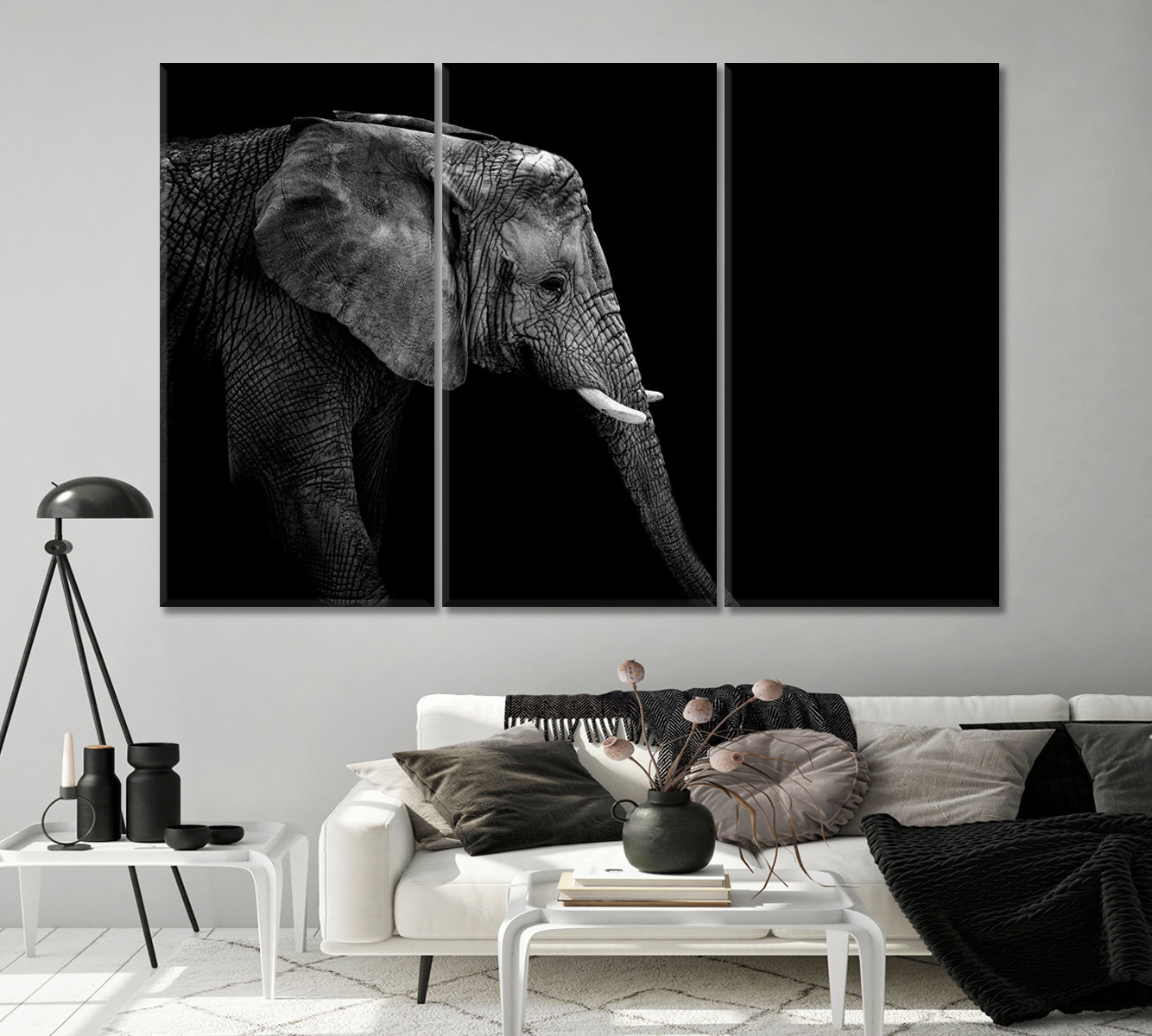 African Elephant Face in Black White Canvas Print-Canvas Print-CetArt-1 Panel-24x16 inches-CetArt