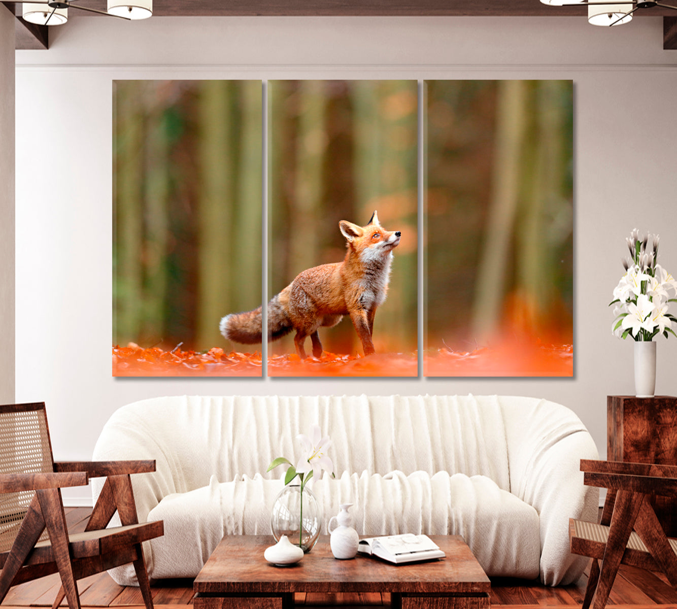 Red Fox Running in Orange Autumn Leaves Canvas Print-Canvas Print-CetArt-1 Panel-24x16 inches-CetArt