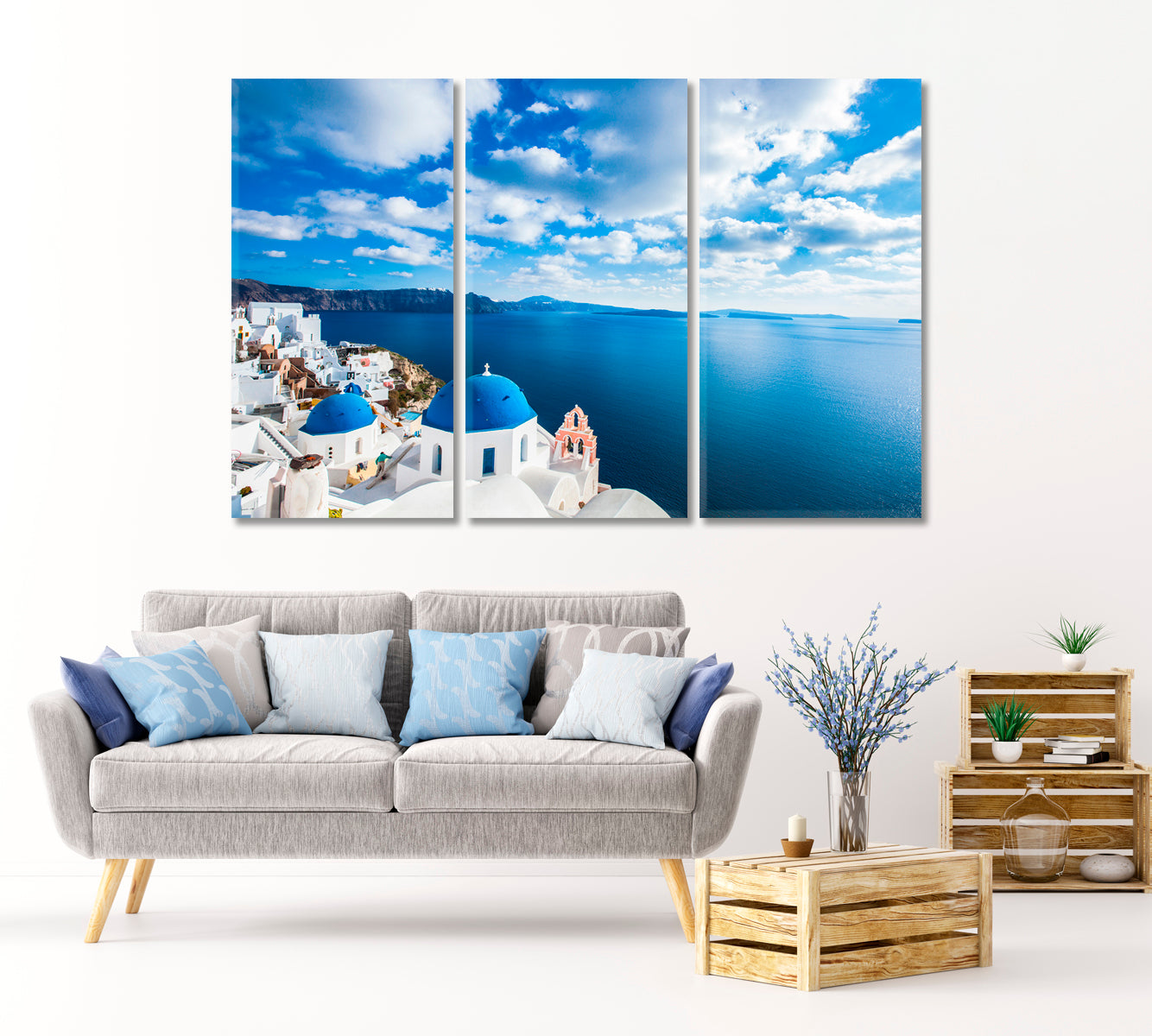 Blue Domed Churches in Beach Santorini Greece Canvas Print-Canvas Print-CetArt-1 Panel-24x16 inches-CetArt