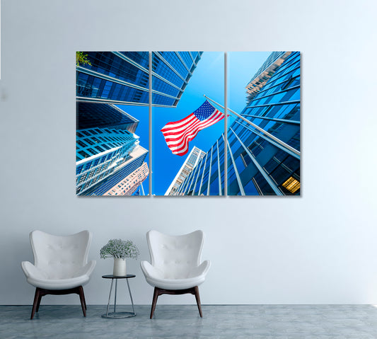 US Flag Over Blue High Rise Buildings Canvas Print-Canvas Print-CetArt-1 Panel-24x16 inches-CetArt