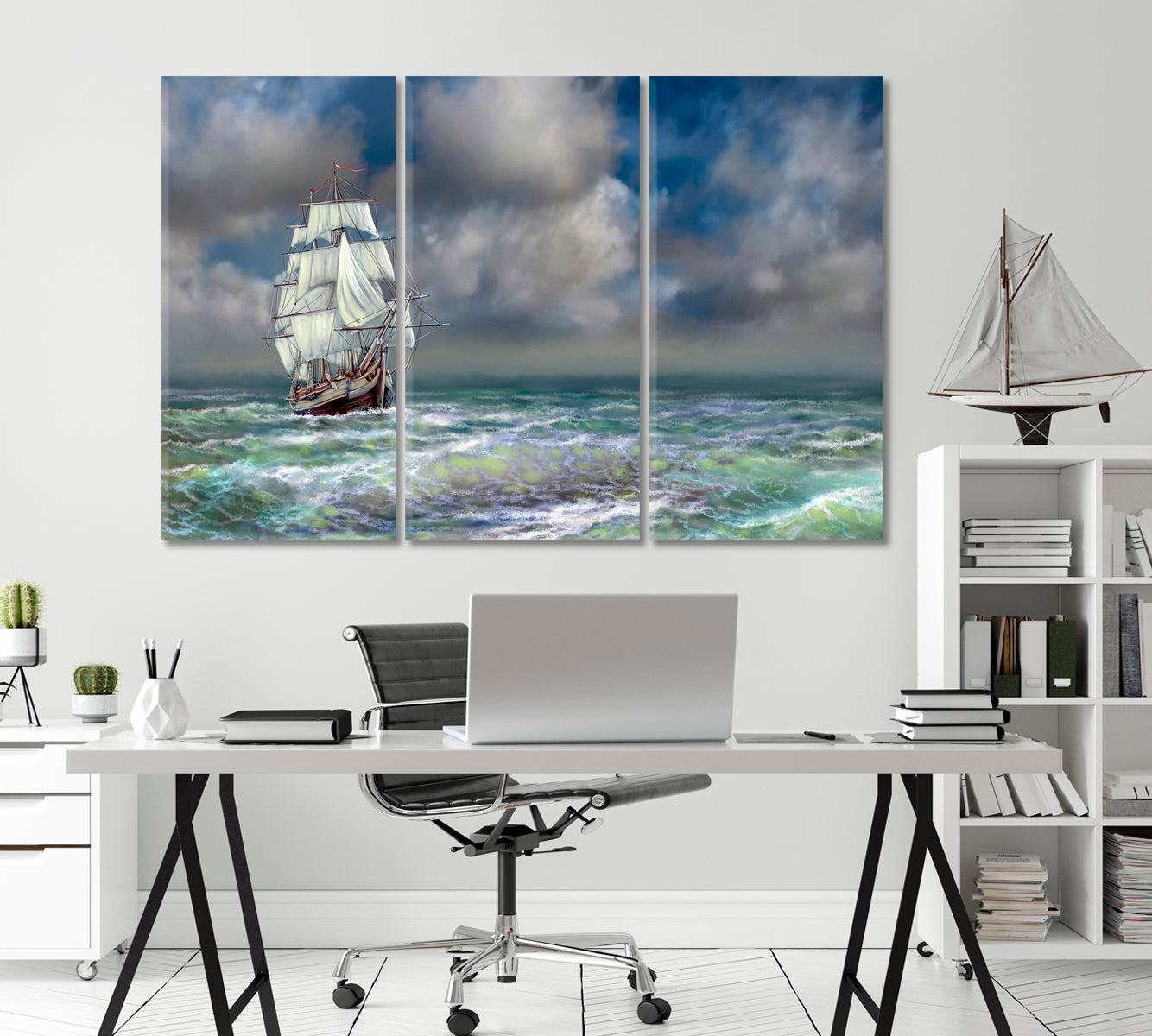 Huge Sailboat in Stormy Ocean Canvas Print-Canvas Print-CetArt-1 Panel-24x16 inches-CetArt