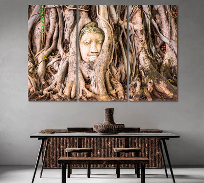 Buddha Head in Roots of Old Tree Banyan Thailand Canvas Print-Canvas Print-CetArt-1 Panel-24x16 inches-CetArt