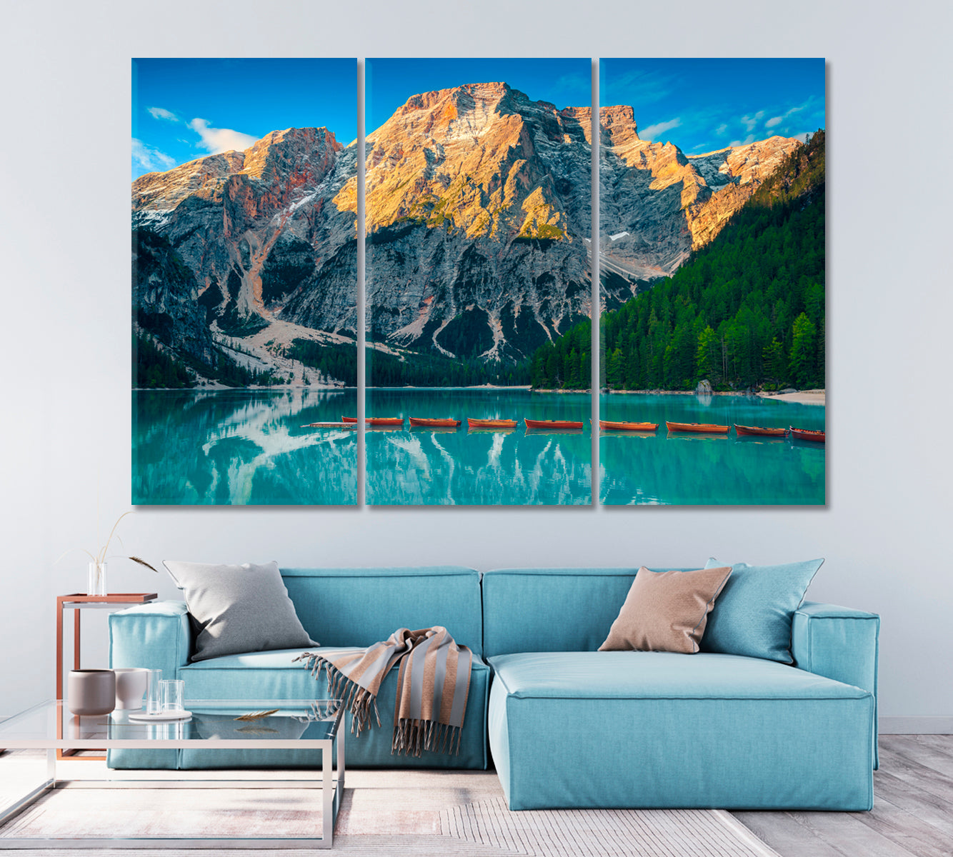 Alpine Landscape with Wooden Boats on Lake Braies Canvas Print-Canvas Print-CetArt-1 Panel-24x16 inches-CetArt