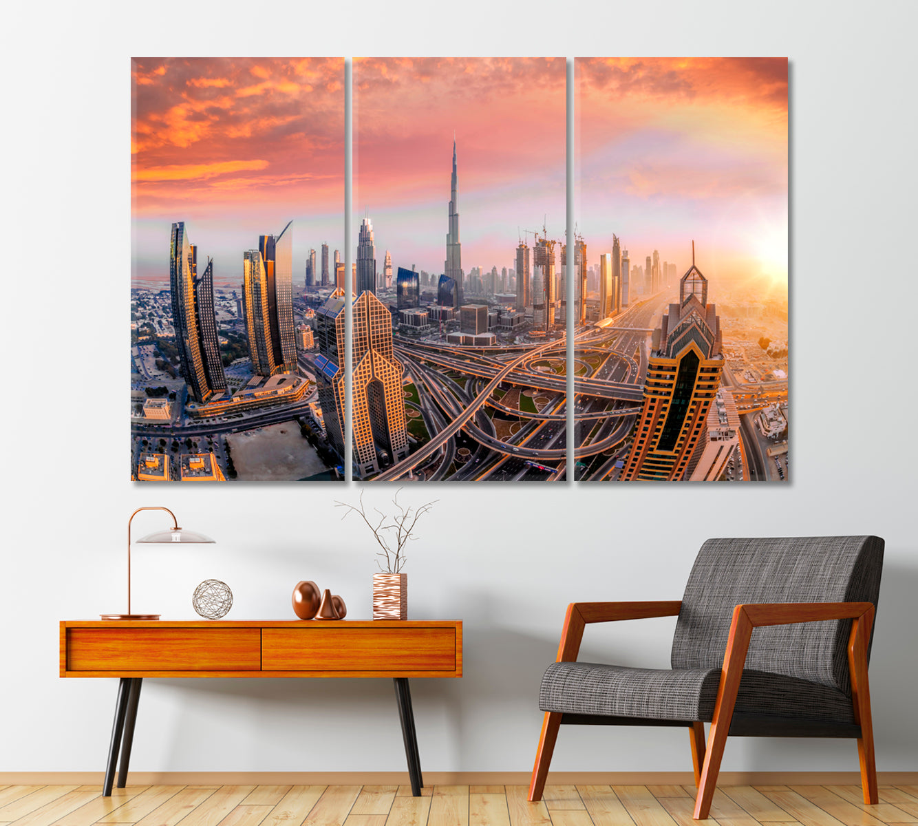 Modern Buildings Dubai and Highway at Sunset Canvas Print-Canvas Print-CetArt-1 Panel-24x16 inches-CetArt