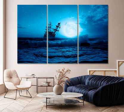 Sailing Old Ship in Stormy Sea at Night Canvas Print-Canvas Print-CetArt-1 Panel-24x16 inches-CetArt