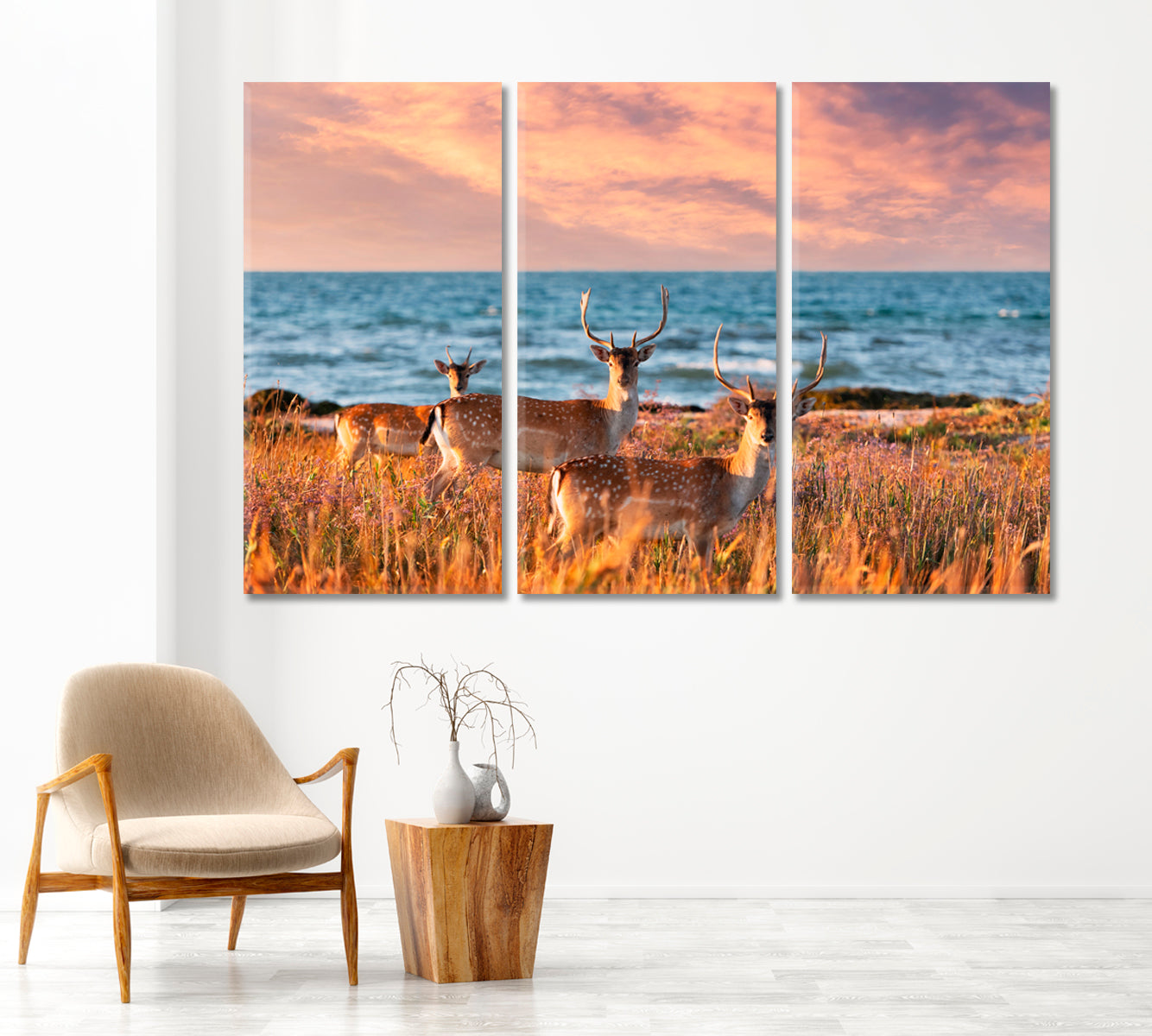 Sea Landscape with Sika Deer Family Canvas Print-Canvas Print-CetArt-1 Panel-24x16 inches-CetArt