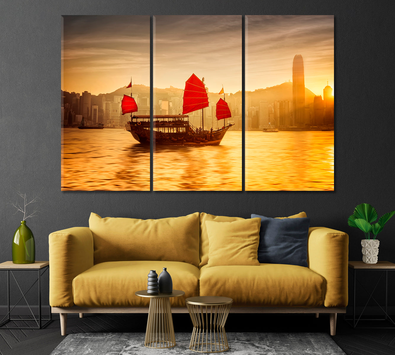 Sunset in Hong Kong Skyline with Sailing Boat in Victoria Harbor Canvas Print-Canvas Print-CetArt-1 Panel-24x16 inches-CetArt