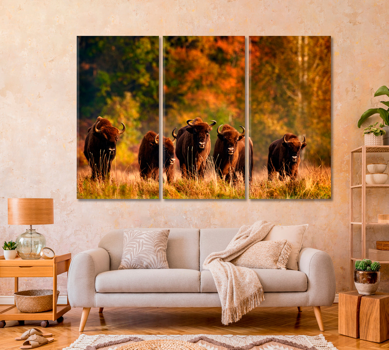 Bison Herd in the Autumn Forest Canvas Print-Canvas Print-CetArt-1 Panel-24x16 inches-CetArt