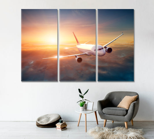 Airplane in Sky at Sunset Canvas Print-Canvas Print-CetArt-1 Panel-24x16 inches-CetArt