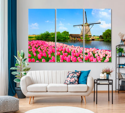 Landscape with Tulips and Windmill Canvas Print-Canvas Print-CetArt-1 Panel-24x16 inches-CetArt