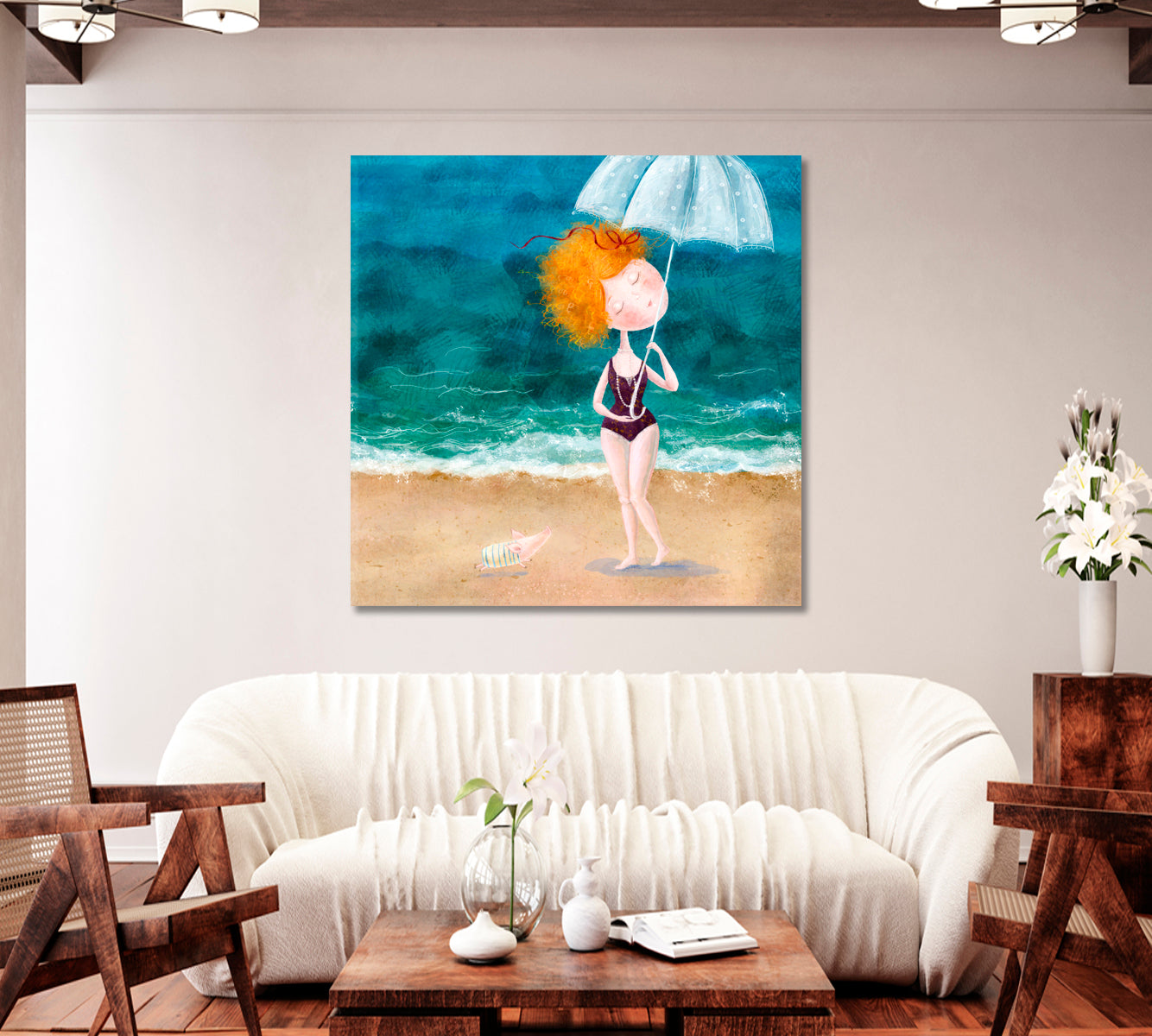 Abstract Redhead Girl with Umbrella on Beach Canvas Print-Canvas Print-CetArt-1 panel-12x12 inches-CetArt