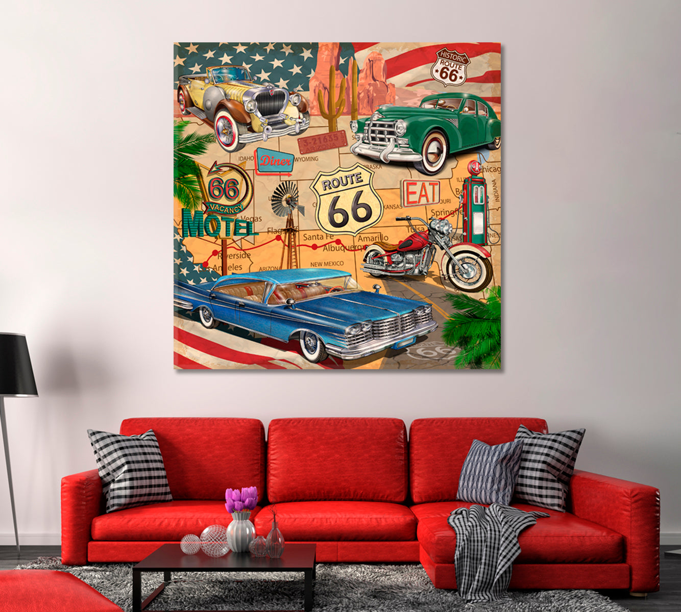 Vintage Route 66 with Retro Cars Canvas Print-Canvas Print-CetArt-1 panel-12x12 inches-CetArt