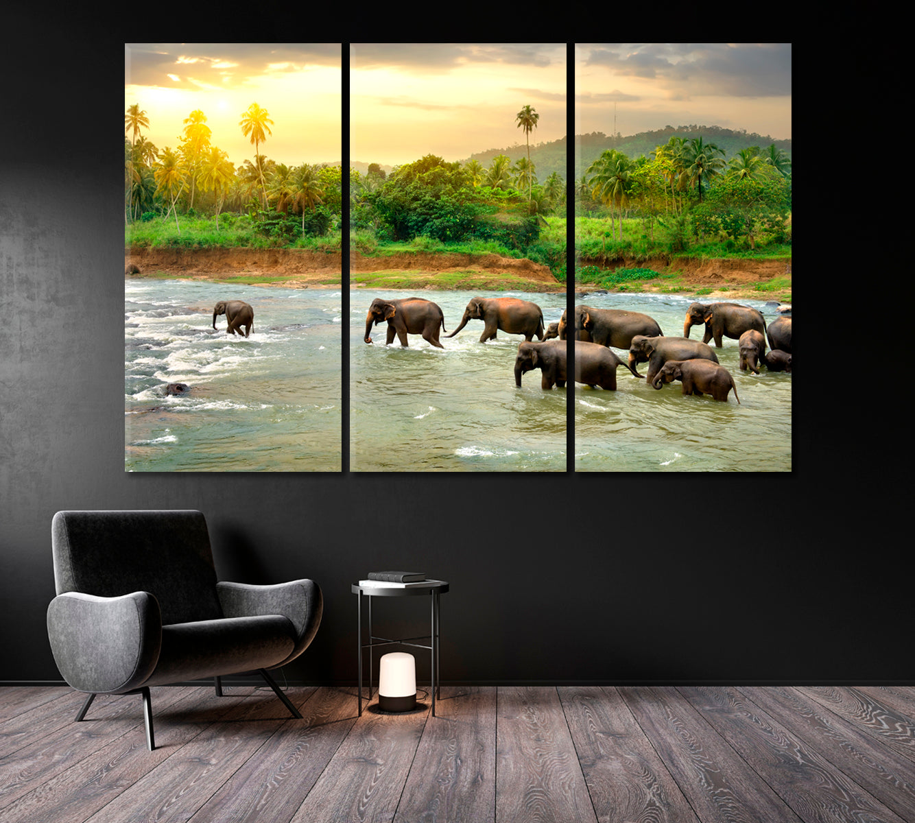 Herd of Elephants in River Canvas Print-Canvas Print-CetArt-1 Panel-24x16 inches-CetArt