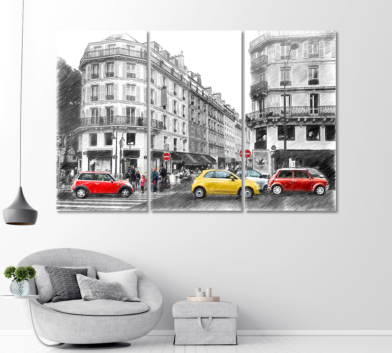 Paris Street in Black And White With Red Cars Canvas Print-Canvas Print-CetArt-1 Panel-24x16 inches-CetArt