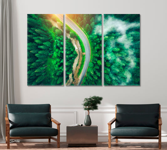 Road in Beautiful Green Pine Forest Carpathian Mountains Ukraine Canvas Print-Canvas Print-CetArt-1 Panel-24x16 inches-CetArt