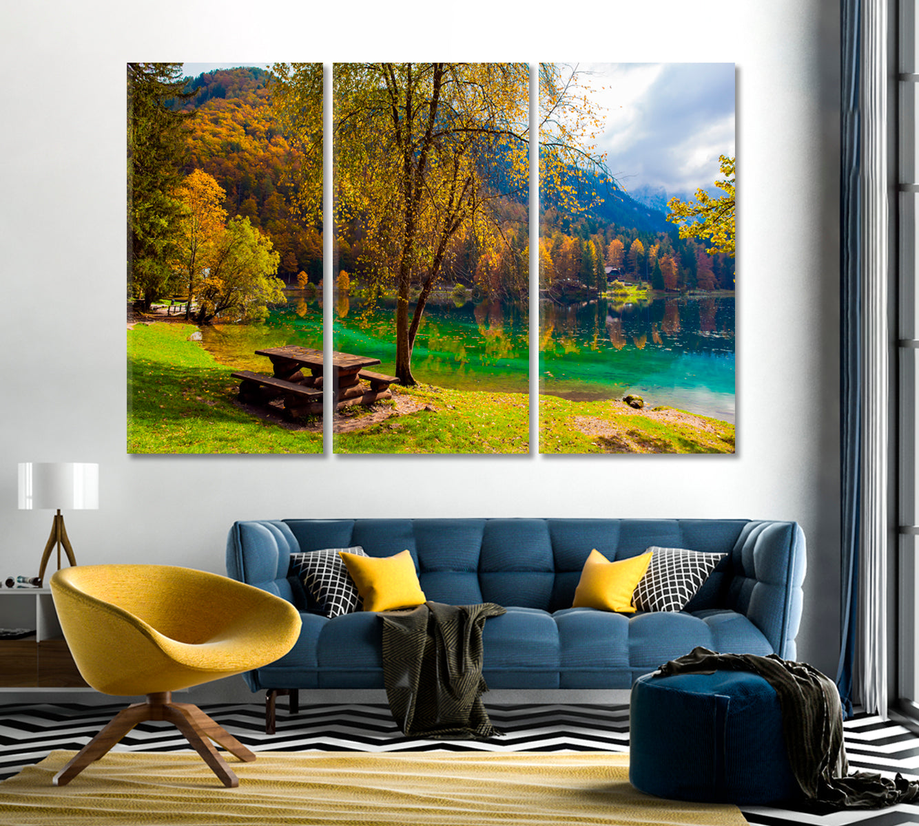 Beautiful Yellow Trees Reflected in Lake Fuzine Alps Northern Italy Canvas Print-Canvas Print-CetArt-1 Panel-24x16 inches-CetArt