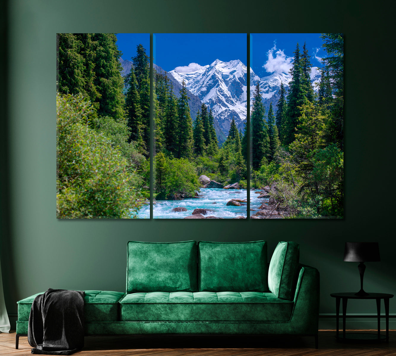 Spruce Forest near a Stormy River and Snowy Mountains Kyrgyzstan Canvas Print-Canvas Print-CetArt-1 Panel-24x16 inches-CetArt