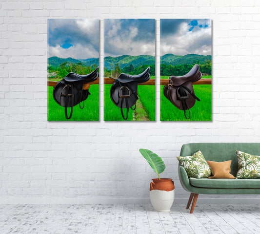 Saddle in Horse Farm with Mountain Landscape Canvas Print-Canvas Print-CetArt-1 Panel-24x16 inches-CetArt