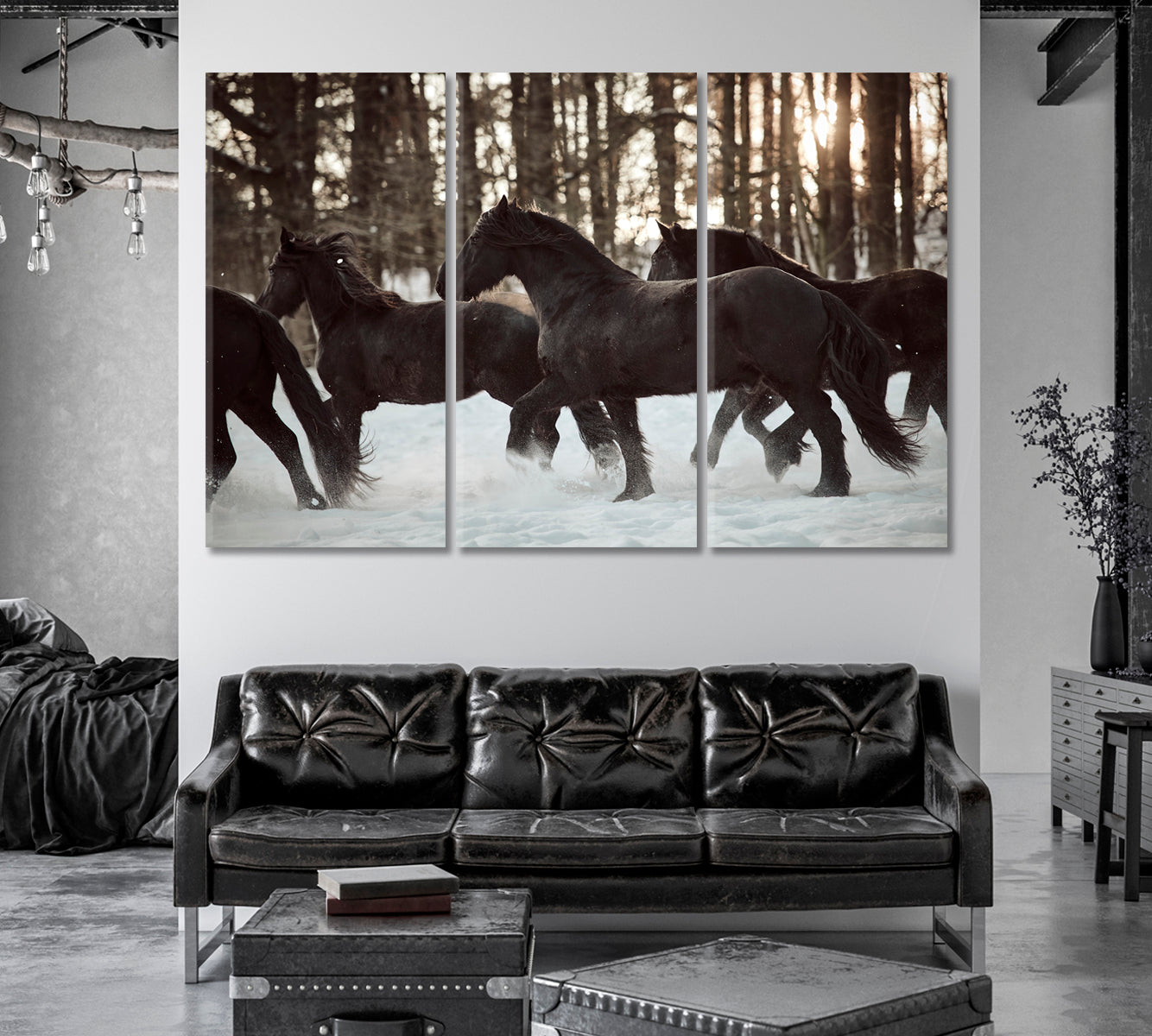 Friesian Horses Running in Winter Forest Canvas Print-Canvas Print-CetArt-1 Panel-24x16 inches-CetArt