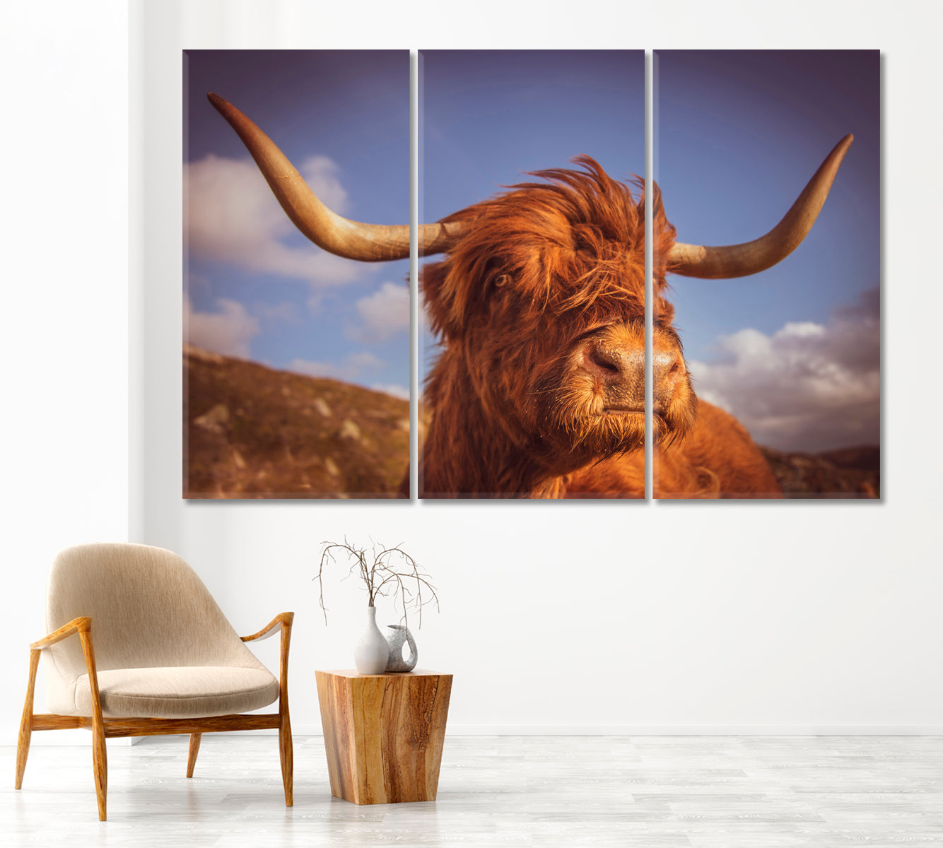 Highland Scottish Cow with Big Horns Canvas Print-Canvas Print-CetArt-1 Panel-24x16 inches-CetArt