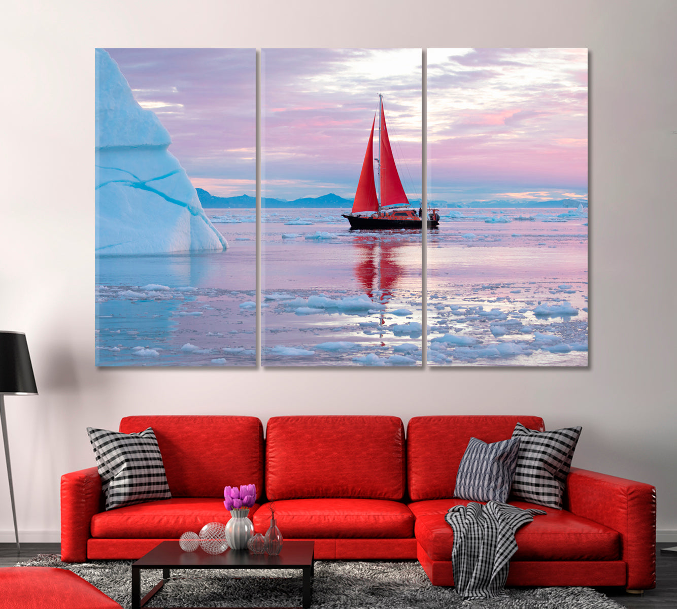 Red Sailboat Near Massive Iceberg Greenland Canvas Print-Canvas Print-CetArt-1 Panel-24x16 inches-CetArt