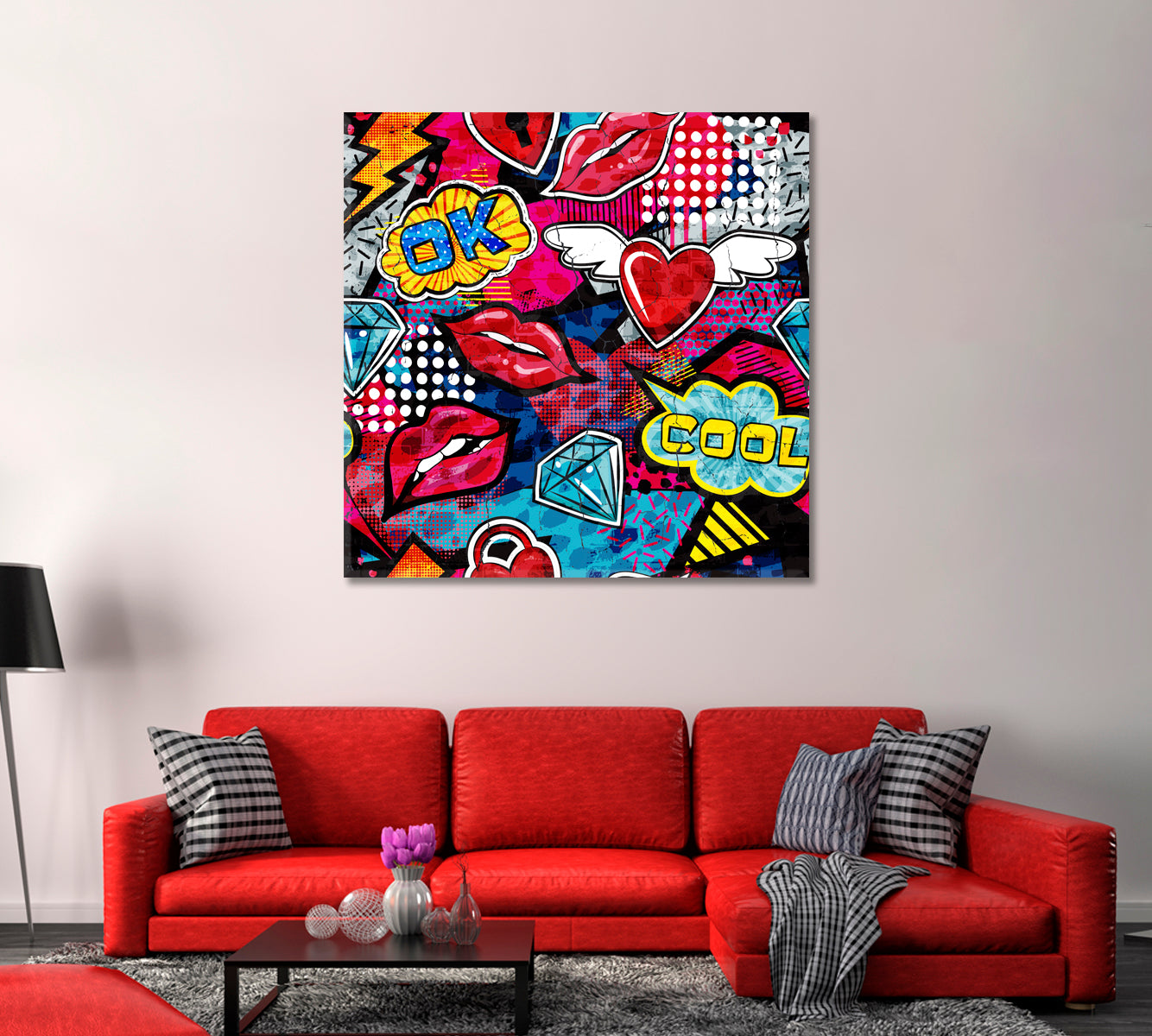 Bright Graffiti with Lips Canvas Print-Canvas Print-CetArt-1 panel-12x12 inches-CetArt