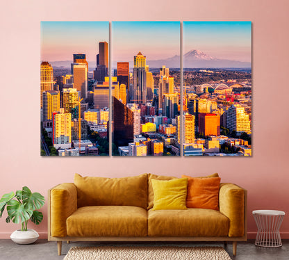 Seattle Skyline and Mount Rainier Volcano USA Canvas Print-Canvas Print-CetArt-1 Panel-24x16 inches-CetArt