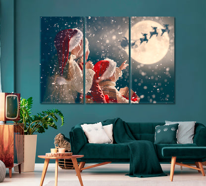 Children See Santa Claus in Sleigh Merry Christmas Canvas Print-Canvas Print-CetArt-1 Panel-24x16 inches-CetArt