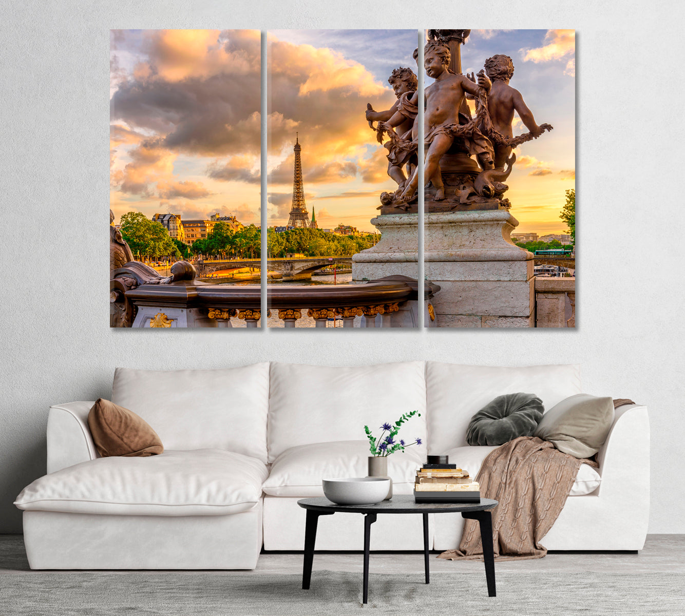 Sculpture on Alexandre III Bridge and Eiffel Tower Paris Canvas Print-Canvas Print-CetArt-1 Panel-24x16 inches-CetArt