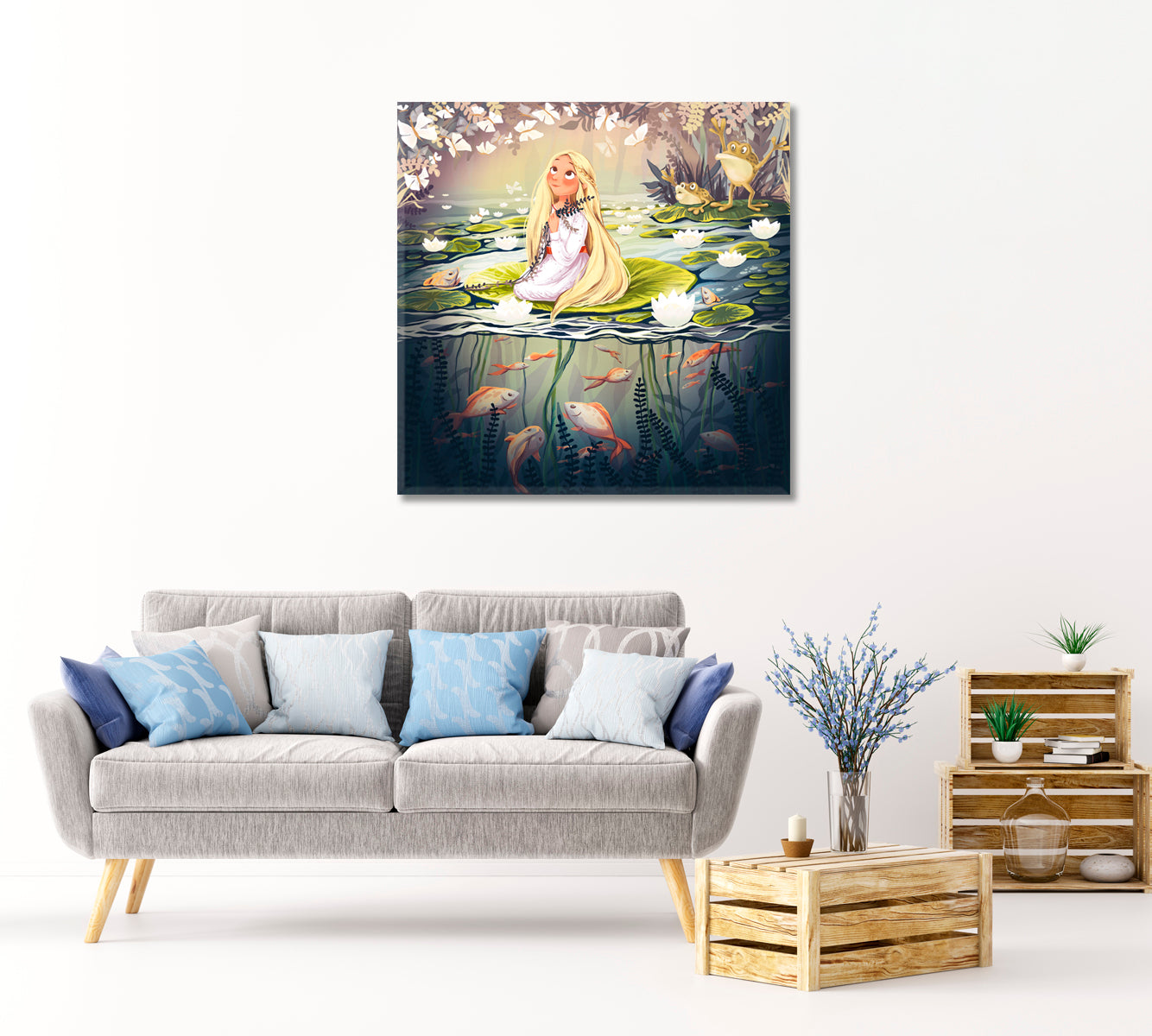 Cute Girl on Water Lily on Lake Canvas Print-Canvas Print-CetArt-1 panel-12x12 inches-CetArt