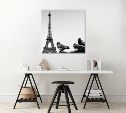 Pigeons Against Eiffel Tower Paris France Canvas Print-Canvas Print-CetArt-1 panel-12x12 inches-CetArt