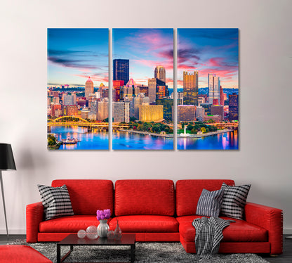 Colorful Skyscrapers of Pittsburgh at Dusk USA Canvas Print-Canvas Print-CetArt-1 Panel-24x16 inches-CetArt