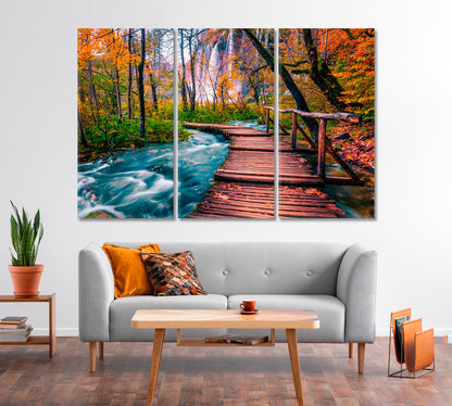 Wooden Bridge and Waterfalls in Plitvice National Park Croatia Canvas Print-Canvas Print-CetArt-1 Panel-24x16 inches-CetArt