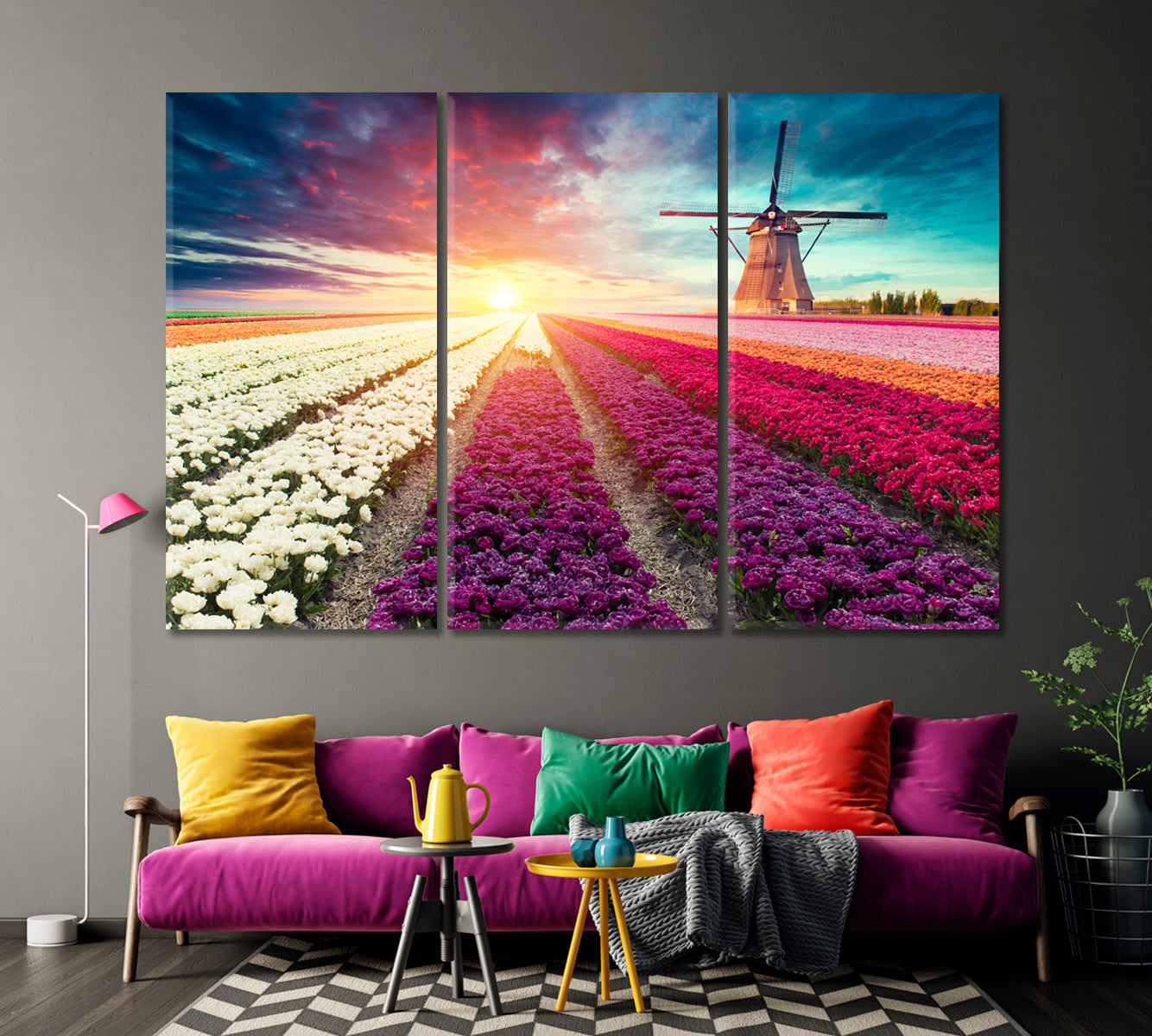 Tulip Field with Windmill Netherlands Canvas Print-Canvas Print-CetArt-1 Panel-24x16 inches-CetArt