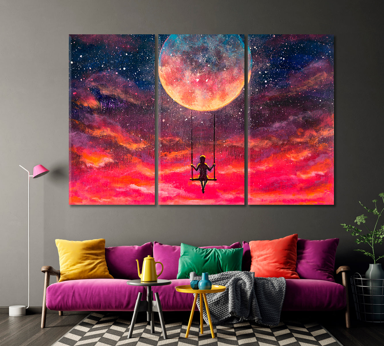 Girl Rides on Swing on the Moon Fantasy Art Canvas Print-Canvas Print-CetArt-1 Panel-24x16 inches-CetArt