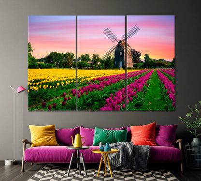 Windmill in Beautiful Color Tulips Field Canvas Print-Canvas Print-CetArt-1 Panel-24x16 inches-CetArt