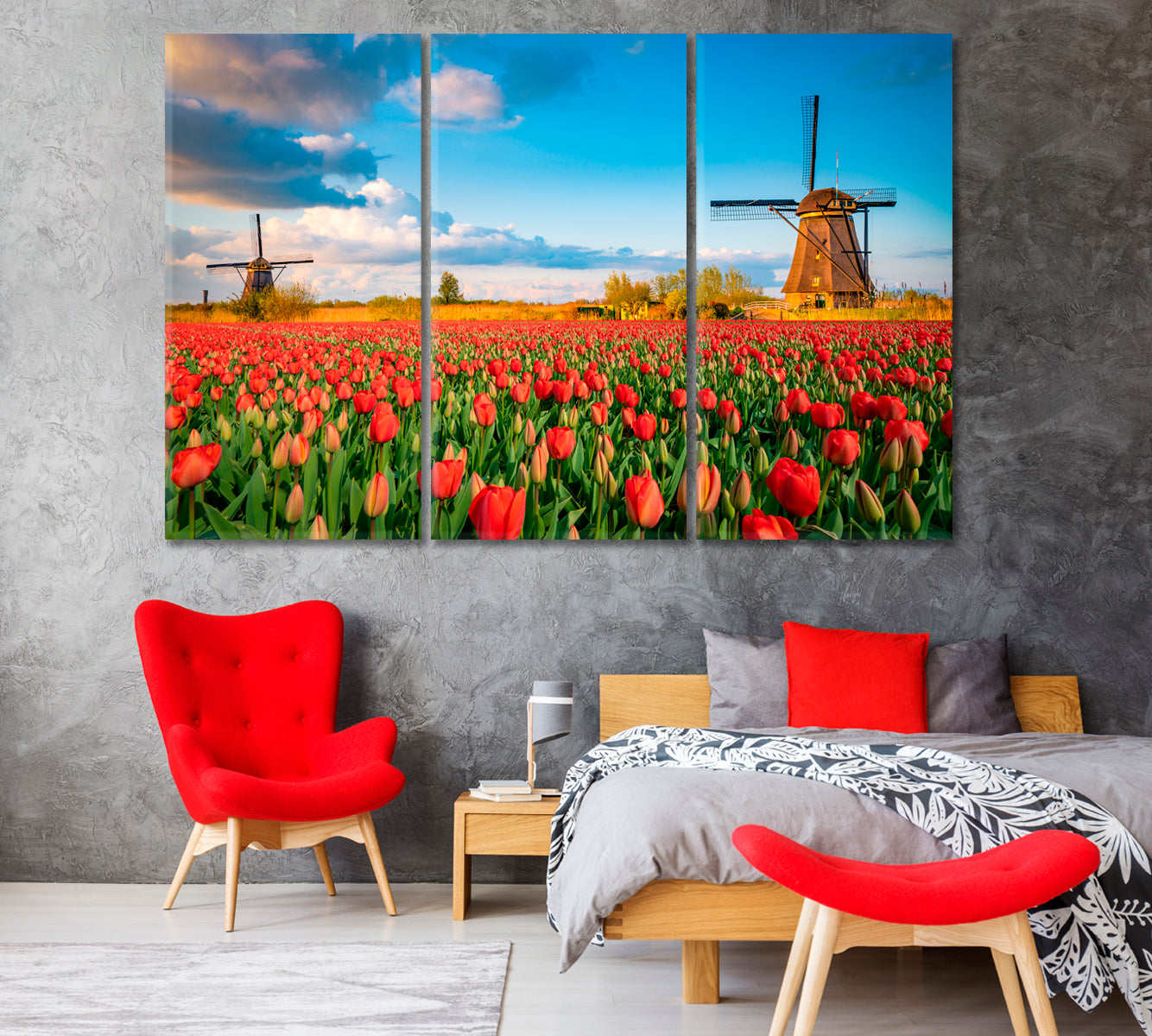 Tulip Field and Two Windmills Holland Canvas Print-Canvas Print-CetArt-1 Panel-24x16 inches-CetArt