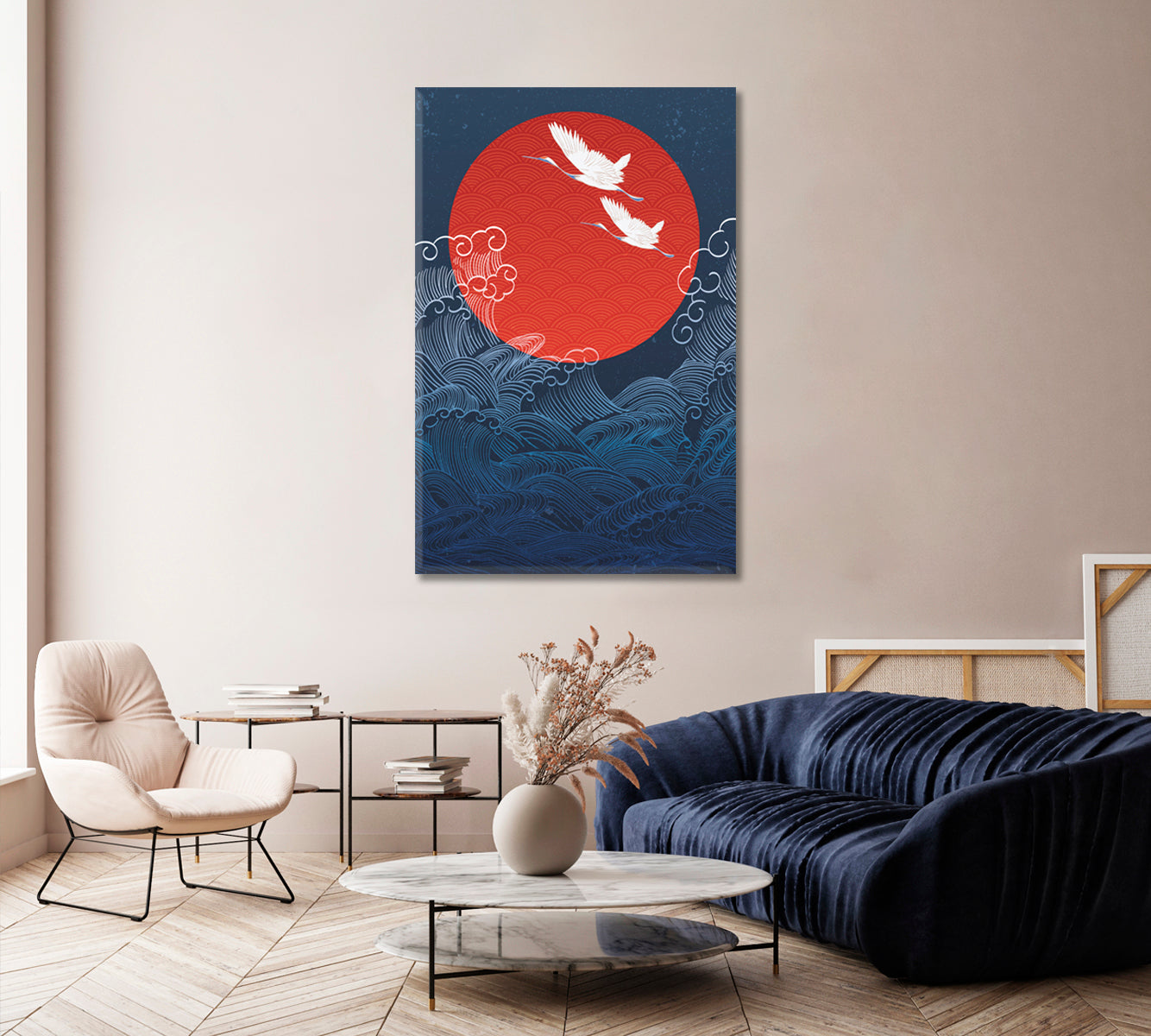 Herons Fly Against Full Moon Over the Sea Canvas Print-Canvas Print-CetArt-1 panel-16x24 inches-CetArt