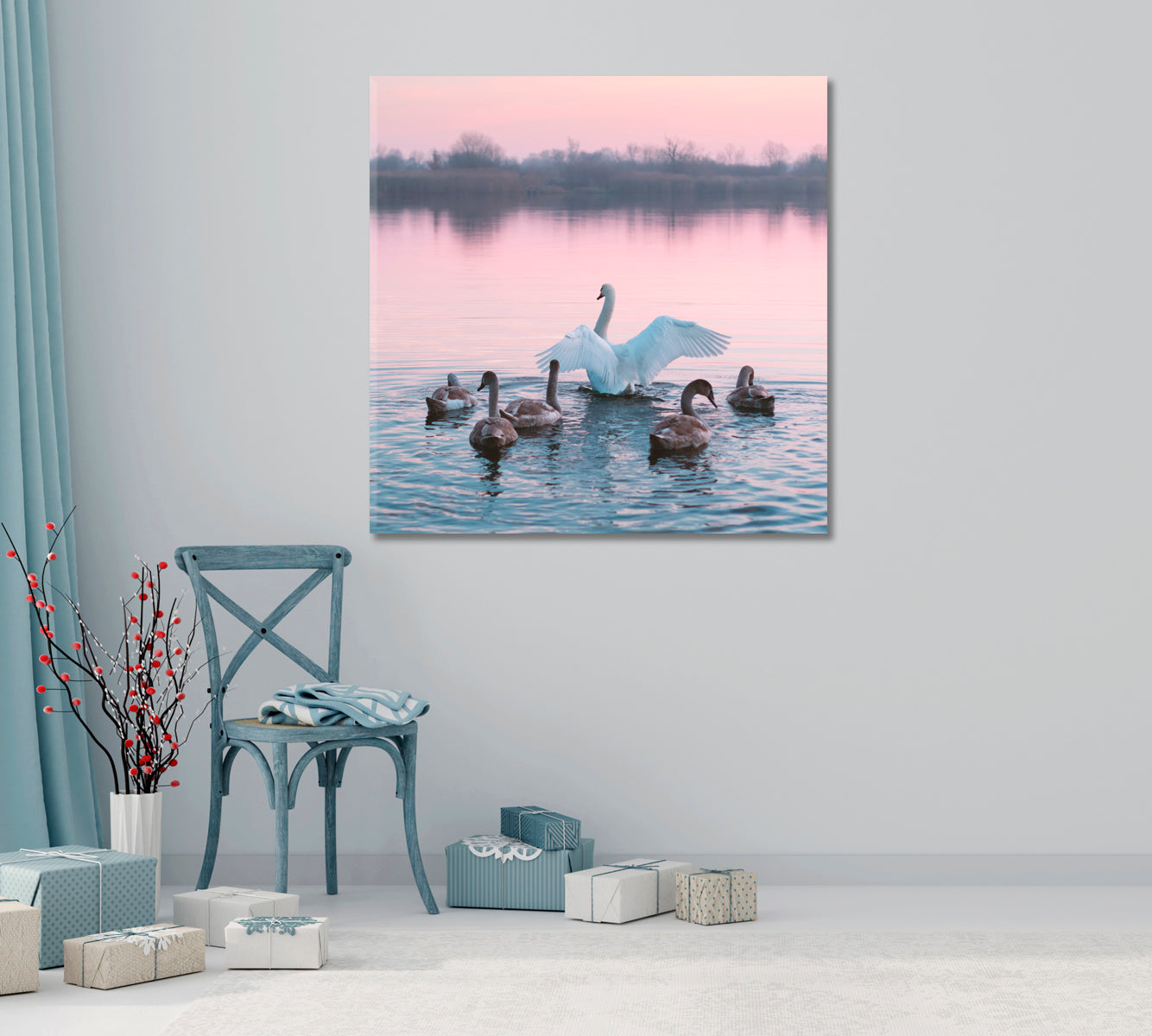 Swans Family in Pink Lake Canvas Print-Canvas Print-CetArt-1 panel-12x12 inches-CetArt