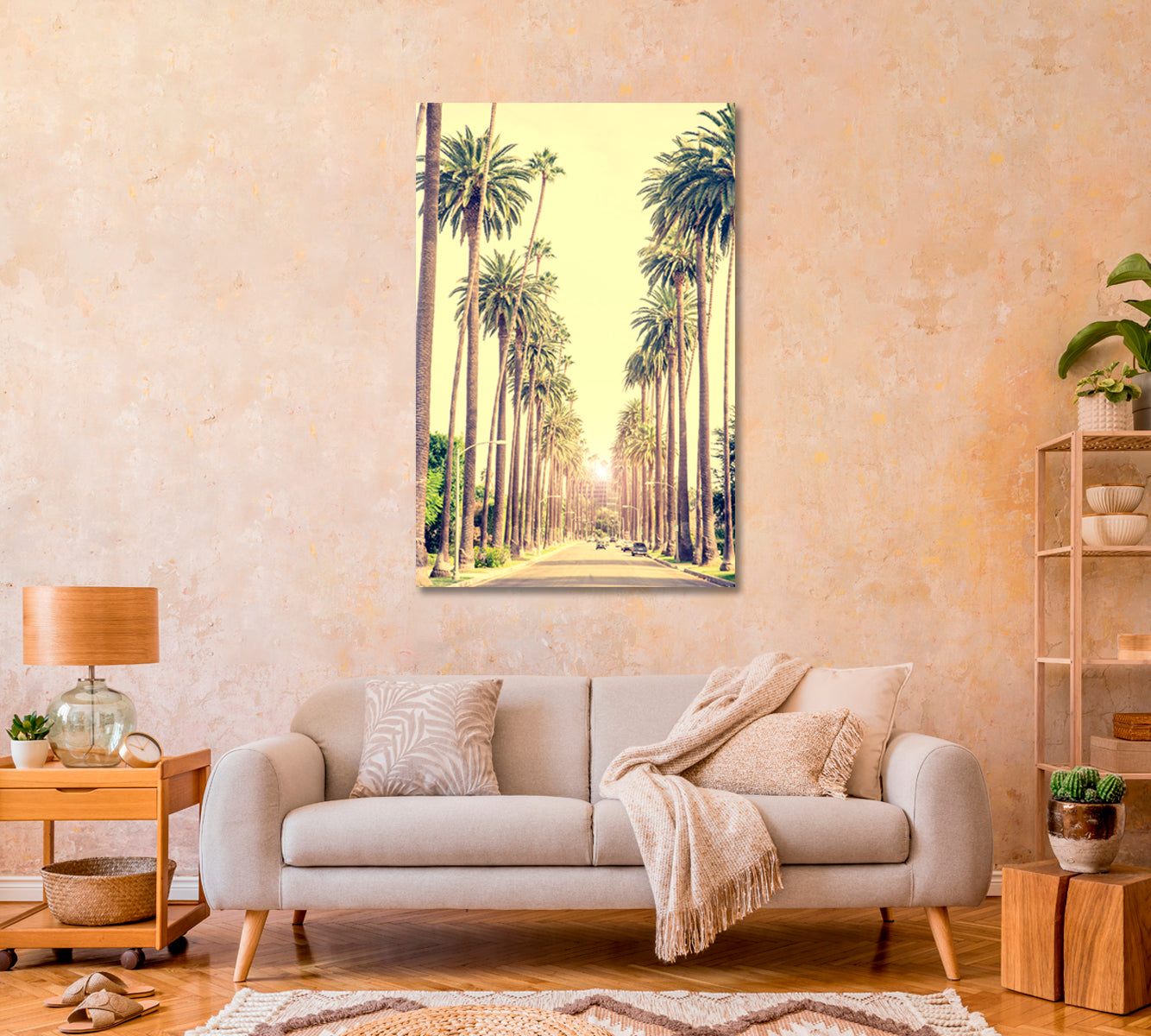 Beverly Hills Street with Palm Trees at Sunset Los Angeles Canvas Print-Canvas Print-CetArt-1 panel-16x24 inches-CetArt