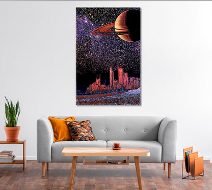 Fantastic Landscape with City Skyline and Planet Saturn Canvas Print-Canvas Print-CetArt-1 panel-16x24 inches-CetArt