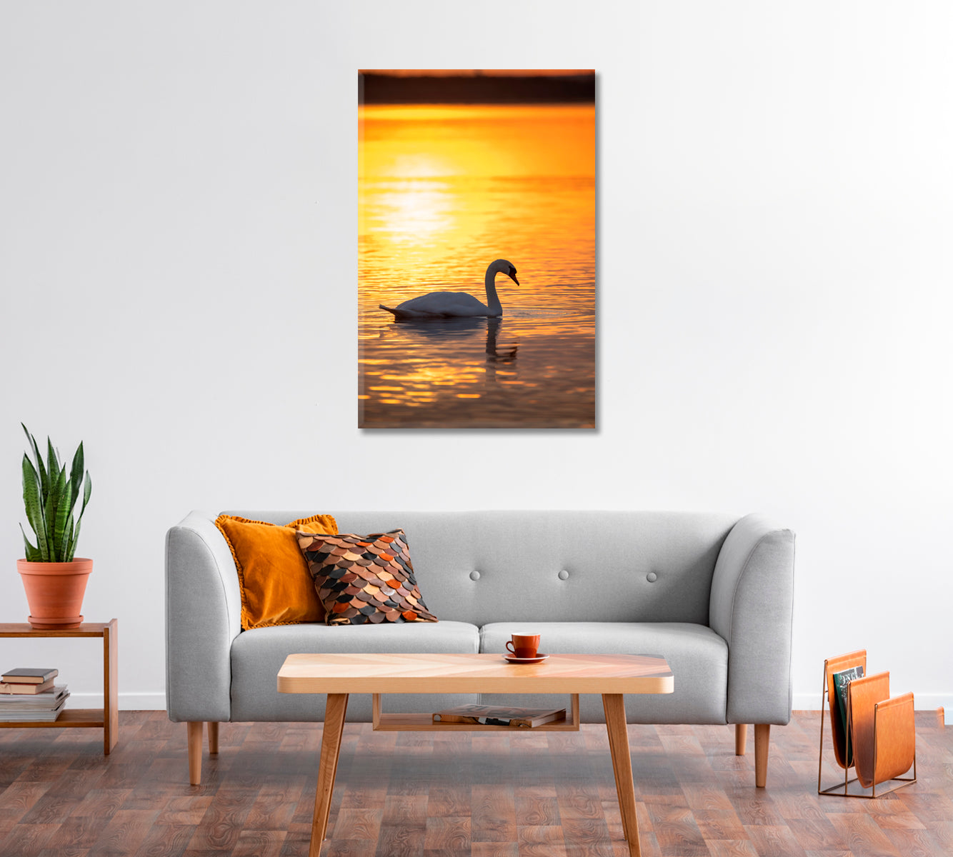 Swan on Calm Lake at Golden Sunrise Canvas Print-Canvas Print-CetArt-1 panel-16x24 inches-CetArt