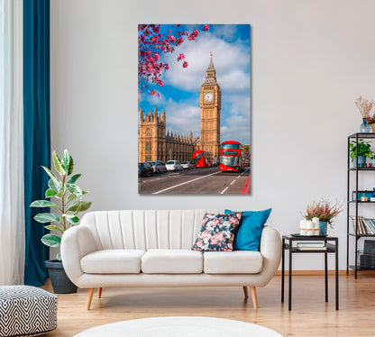 Red Buses and Big Ben London UK Canvas Print-Canvas Print-CetArt-1 panel-16x24 inches-CetArt