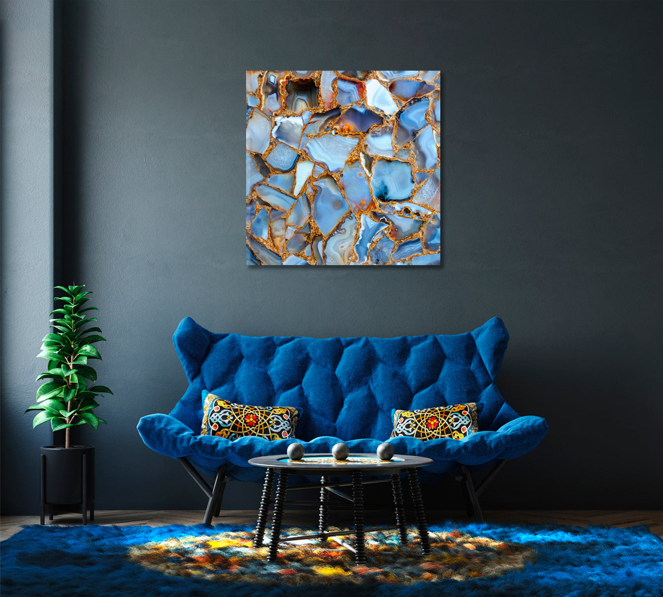 Blue Agate with Gold Outline Canvas Print-Canvas Print-CetArt-1 panel-12x12 inches-CetArt