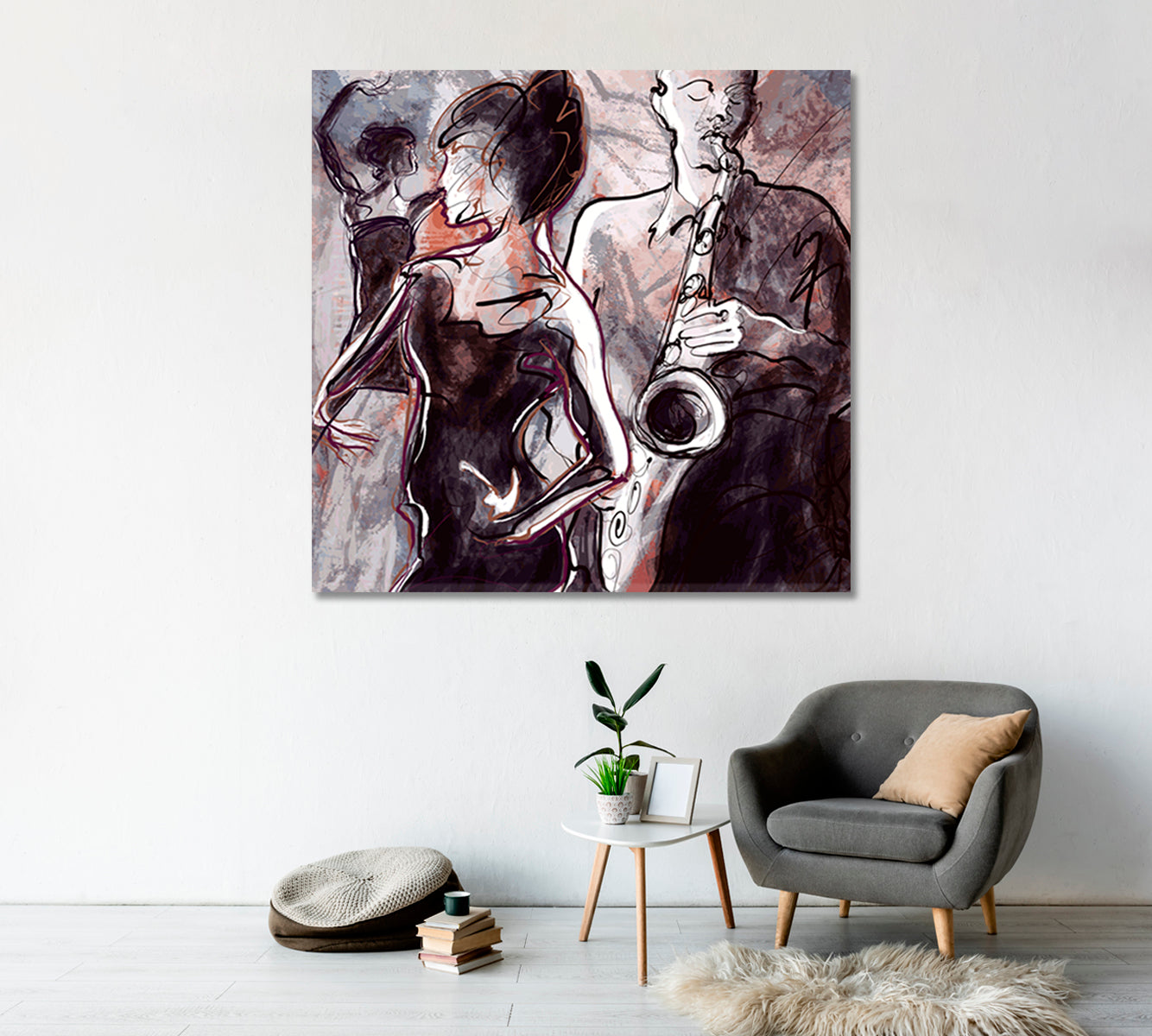 Jazz Saxophonist and Two Dancing Women Canvas Print-Canvas Print-CetArt-1 panel-12x12 inches-CetArt