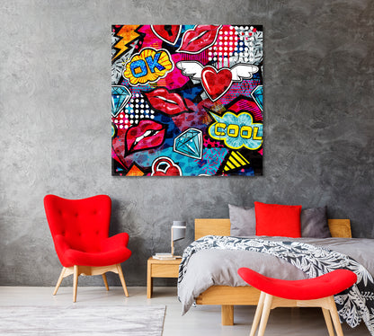 Bright Graffiti with Lips Canvas Print-Canvas Print-CetArt-1 panel-12x12 inches-CetArt