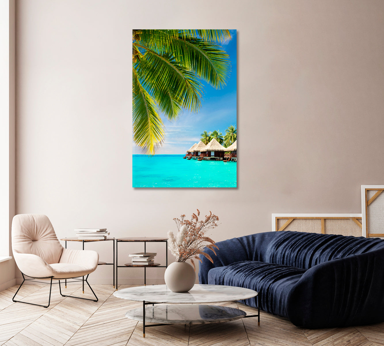 Coconut Tree over Ocean with Bungalows Canvas Print-Canvas Print-CetArt-1 panel-16x24 inches-CetArt